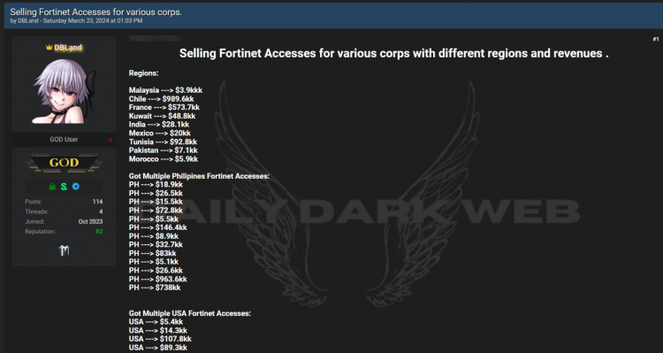 Unauthorized Access to Many Companies for Sale: Threat Actor Offers Fortinet Accesses