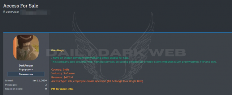 Threat Actor Offers Unauthorized Network Access to an Indian Software Company
