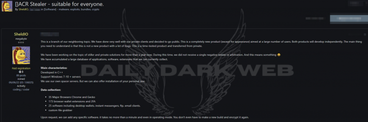 Threat Actor Offered Malware Service of ACR Stealer for Sale