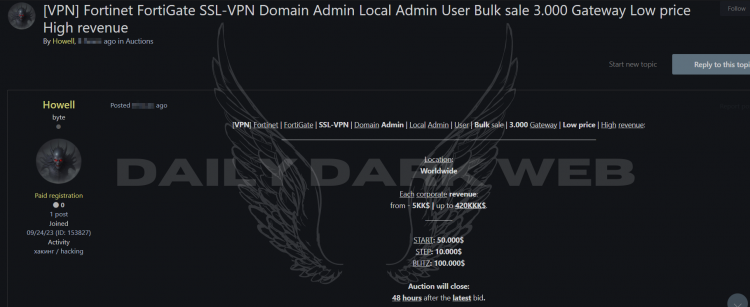 Threat Actor Offers Access to 3000 Fortinet FortiGate SSL-VPN Gateways for Sale