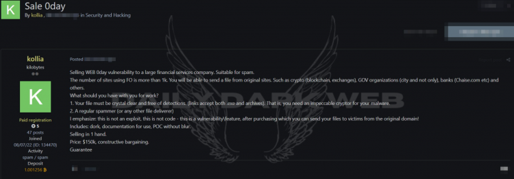 0day Vulnerability for Sale Targeting Major Financial Institutions
