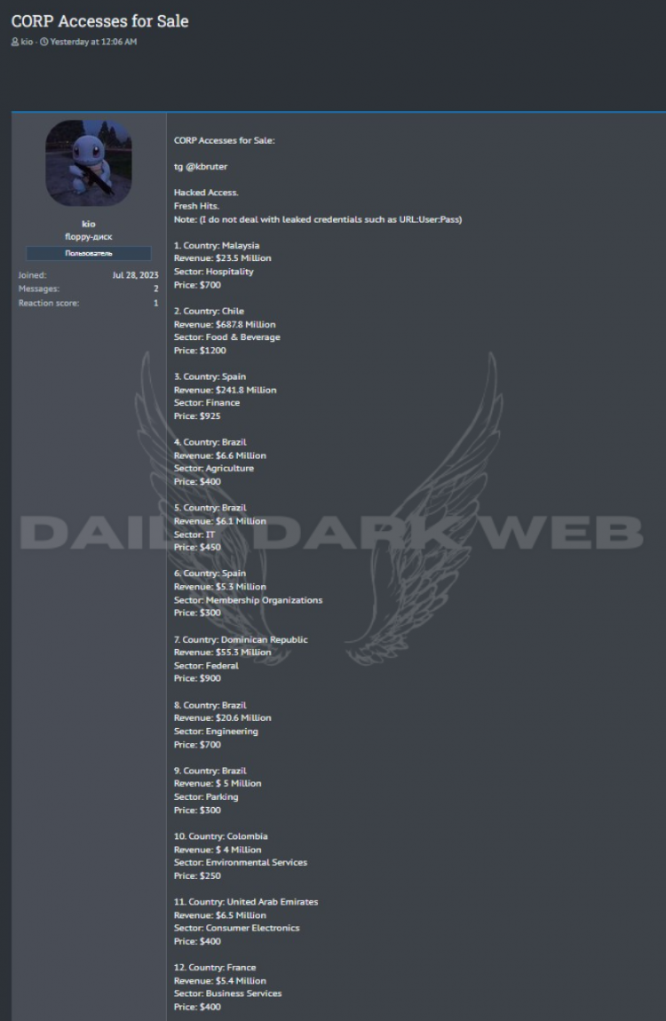 Unauthorized Access to Many Companies for Sale: Threat Actor Offers User:Pass Accesses