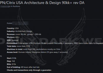 Threat Actor Offers Unauthorized Citrix Access of American Architecture Company