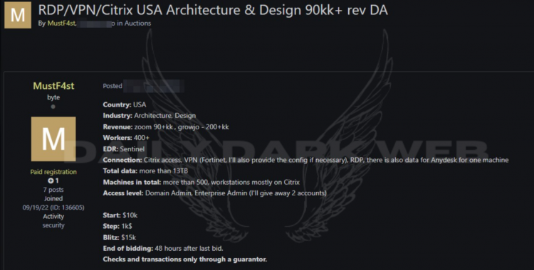 Threat Actor Offers Unauthorized Citrix Access of American Architecture Company