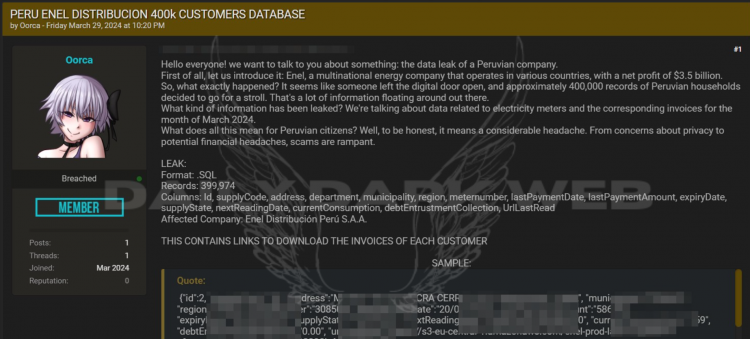 Threat Actor Claims Database Leak of Enel Distribución Perú, Exposing Peruvian Households Data