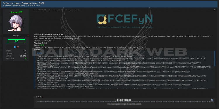 Threat Actor Allegedly Leaks Database of Faculty of Exact, Physical, and Natural Sciences of the National University of Cordoba, Argentina (UNC)