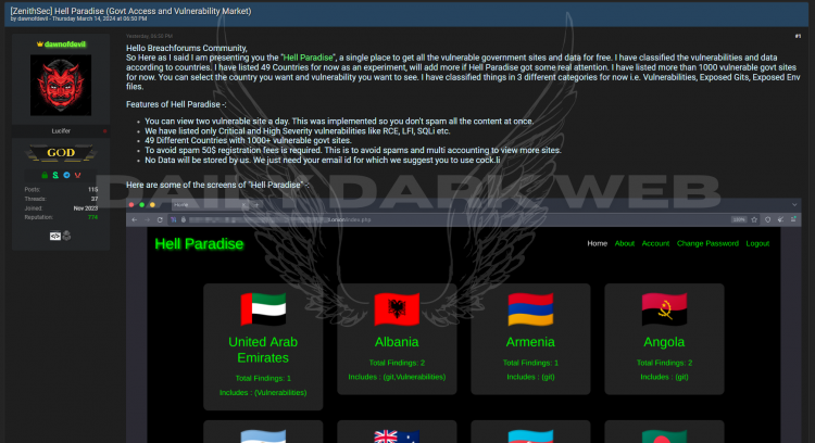 Threat Actor Launches “Hell Paradise”: An Online Platform Offering Access to Vulnerable Government Websites and Associated Data