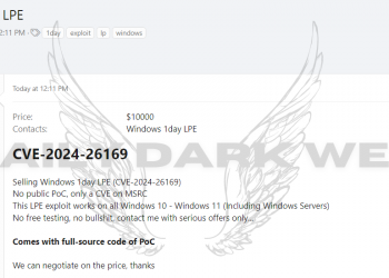 Threat Actor Offers Windows 1-Day LPE (CVE-2024-26169) Exploit for Sale at $10,000