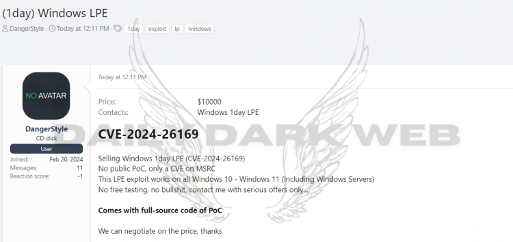 Threat Actor Offers Windows 1-Day LPE (CVE-2024-26169) Exploit for Sale at $10,000