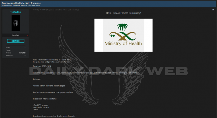Saudi Ministry of Health Data Breach: Massive Dataset Allegedly Offered for Sale, Includes Patient Records and Internal Systems Access