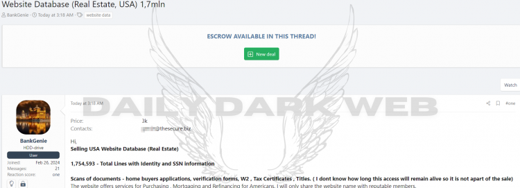 Threat Actor Allegedly Sells Database of American Real Estate Company, Including SSNs and Identity Information