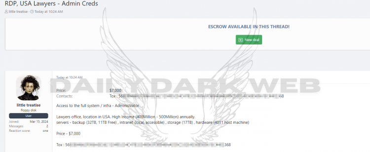 Threat Actor Offers Unauthorized RDP Access to Multimillion-Dollar American Law Firm