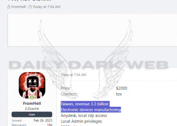 Threat Actor Offers Unauthorized RDP Access to Taiwanese Electronic Devices Manufacturer