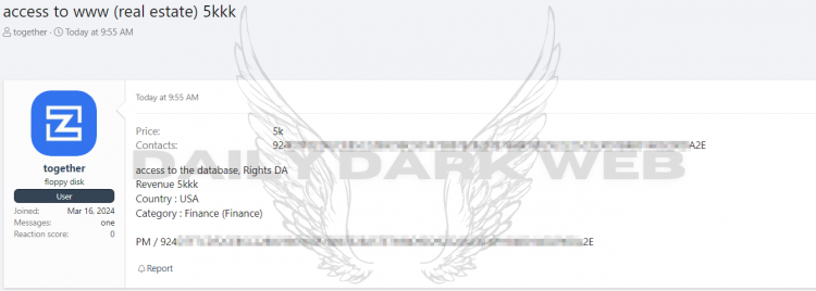Threat Actor Offers Unauthorized Access to Database of $5 Billion American Financial Firm