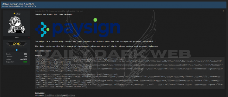 Paysign Data Breach: Threat Actor Claims Leak of Sensitive Customer Information