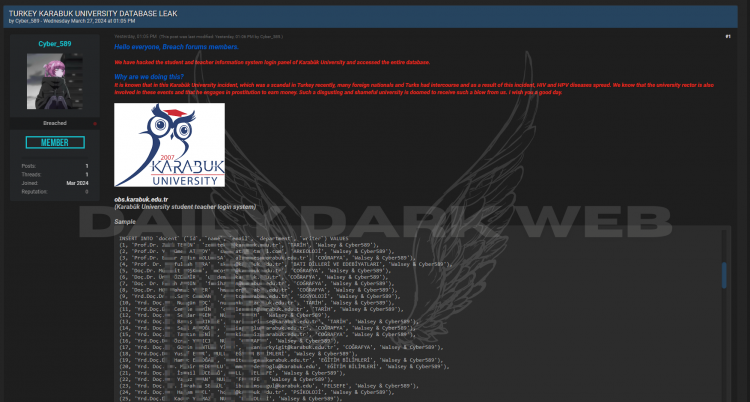 Alleged Breach: Threat Actor Offers Database from Karabuk University for Sale at $400