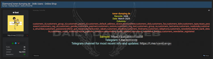 Alleged Sale of Database from German Online Retailer Toner-dumping.de, Reportedly Exposing 344,000 Customer Records