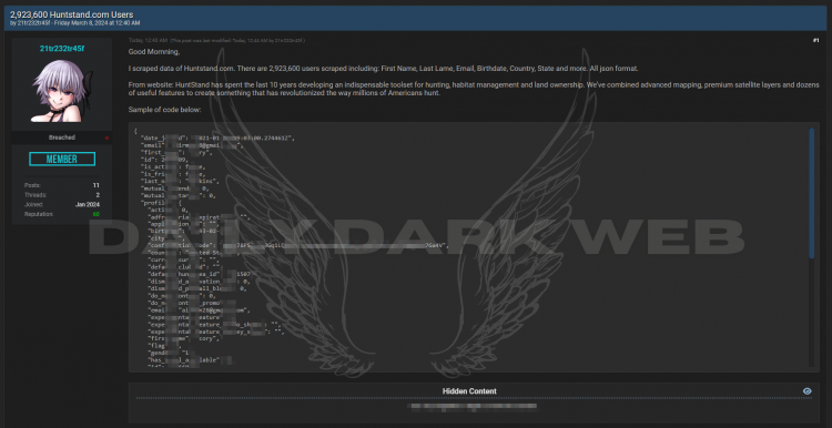 Alleged Database Leak: Over 2.9 Million Scrapped HuntStand User Records Reportedly Compromised