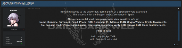 Cybercriminal Offers Access to Spanish Crypto Exchange’s Admin Panel for $10,000 in Monero