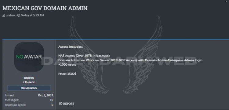Threat Actor Offers Unauthorized Domain Admin Access of Mexican Government