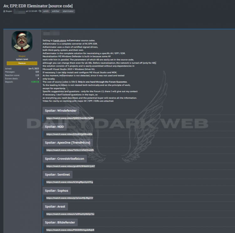 Threat Actor Offered Source Code of AvEleminator Software for Sale
