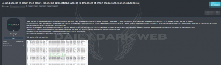 Threat Actor Offers Unauthorized Access to Database of Mobile Applications that Issue Loans in Indonesia