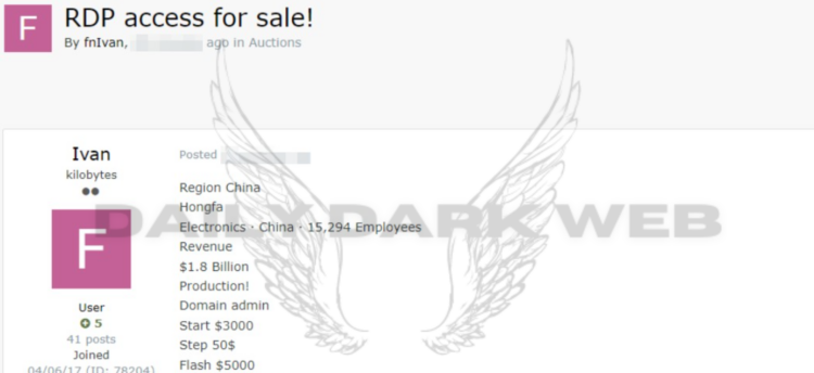 Threat Actor Offers Unauthorized RDP Access of Chinese Electronics Company