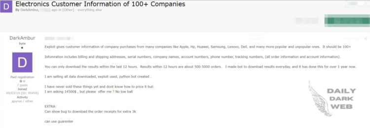 Threat Actor Selling for Exploit: Claims Access to Customer Data from Apple, Samsung, and 100+ Companies