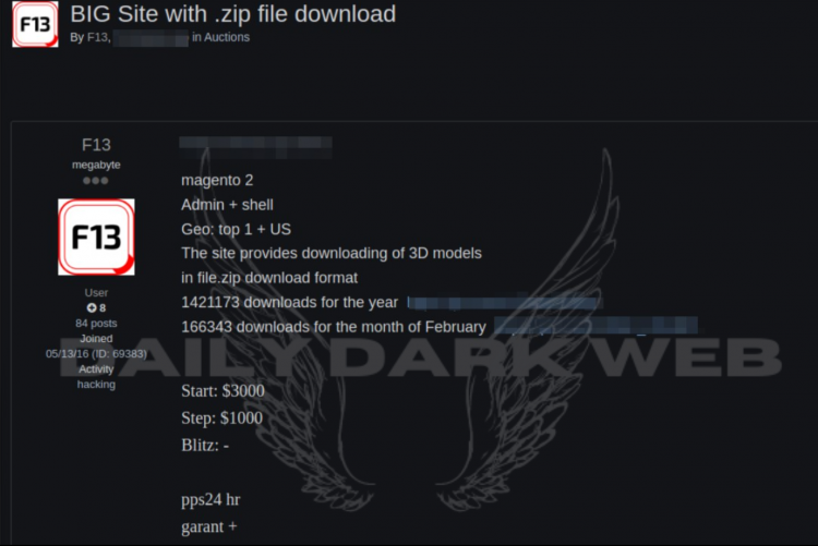 Unauthorized Access to American 3D Model Downloading Website for Sale: Threat Actor Offers Shell Access for $3000