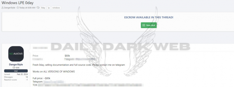 Threat Actor Offers Windows 0-Day LPE Exploit for Sale at $80,000