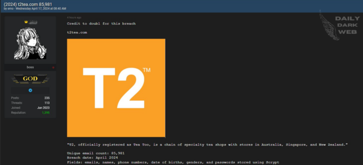 Threat Actor Claims Breach of T2 Tea Australia Database