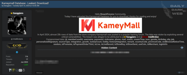 Sanggiero Allegedly Breaches Kameymall Database, Exposing Confidential User Data