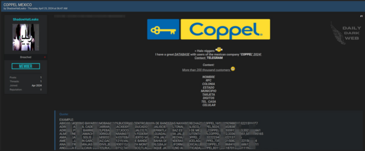 Threat Actor Offers Database of Coppel for Sale
