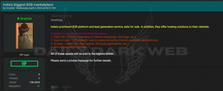 Threat Actor Allegedly Offers Marketplace Data from an Indian B2B Company for Sale