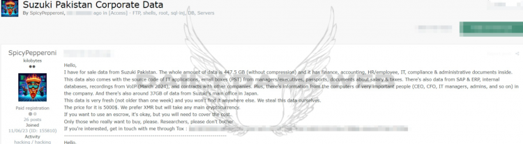 Threat Actor Offers Data from Suzuki Pakistan for Sale at $5000