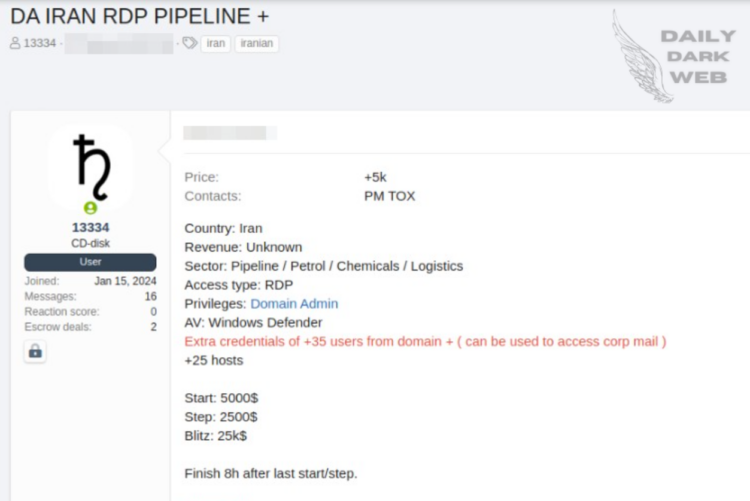 Threat Actor Offers Unauthorized RDP Access of Iranian Pipeline Company