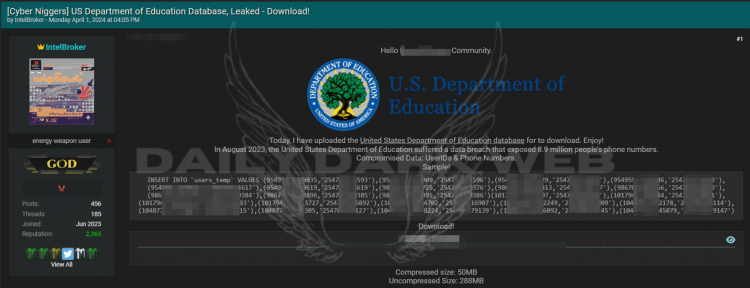 Threat Actor Allegedly Leaked US Department of Education Database, Exposing Student and Teacher Phone Numbers