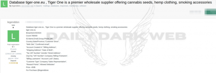 Threat Actor Offers Customer Data from Tiger One for Sale at $450