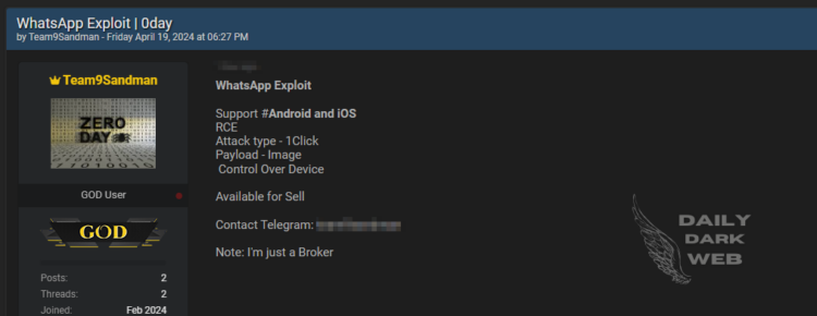 Threat Actor Allegedly Offers WhatsApp 0-Day Exploit for Android and iOS with RCE Capabilities