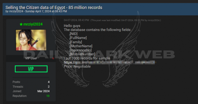 Threat Actor Allegedly Offers Database of 85 Million Egyptian Citizens’ Personal Information for Sale