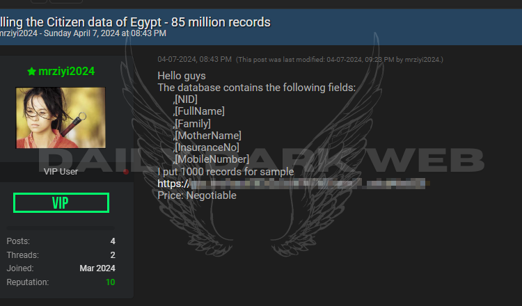 Threat Actor Allegedly Offers Database of 85 Million Egyptian Citizens ...