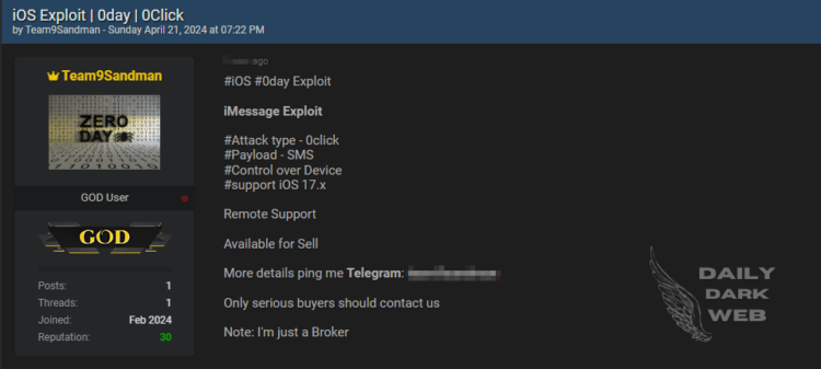 Threat Actor Allegedly Offers 0-Day Exploit for iOS iMessage