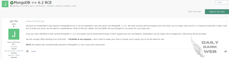 Threat Actor Offers MongoDB Remote Code Execution (RCE) Exploit for $100,000, Claiming Unidentified 0-Day Vulnerability