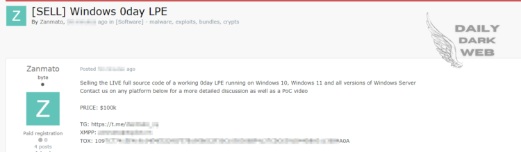 Threat Actor Claims to Sell Windows 0-Day Exploit for $100,000