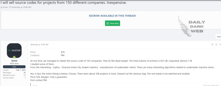 Threat Actor Allegedly Offers Access to Source Code of 150 Companies, Priced at $7000