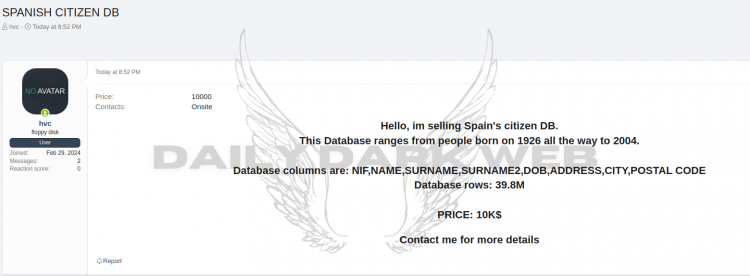 Threat Actor Offers Spanish Citizen Database of 39.8 Million Records at $10,000