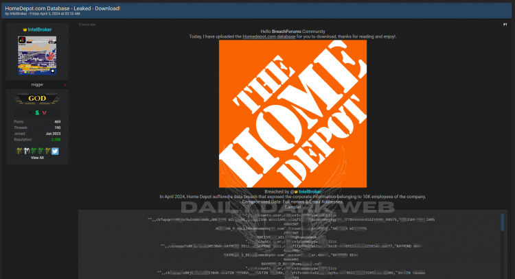 IntelBroker Allegedly Breaches The Home Depot’s Database, Exposing Employee Information