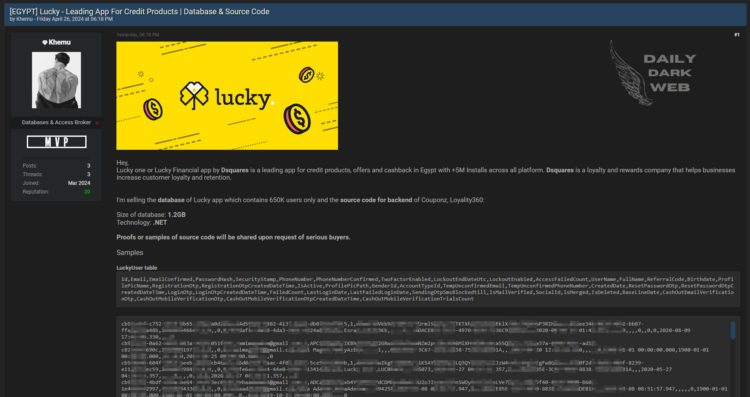 Threat Actor Allegedly Offers Database and Source Code of Egypt-Based Lucky App for Sale