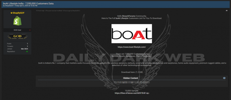 Alleged boAt Lifestyle India Customer Data Breach: 7.55 Million Records Exposed