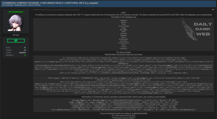 Threat Actor Claims Sale of E-commerce Company’s Database Containing Personal and Transaction Data